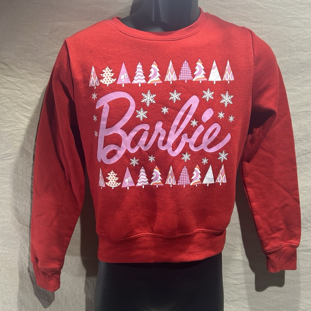 Barbie Womens Small Pullover Sweatshirt Red Pink Holiday Christmas Trees Graphic